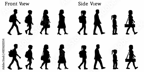 Silhouettes of people walking in various poses front and side views displayed