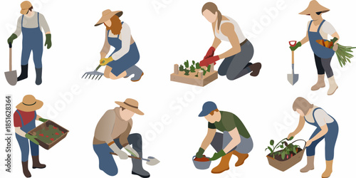 Diverse group of gardeners tending to plants and harvesting crops outdoors