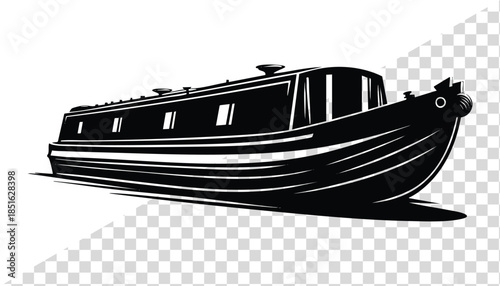Black narrowboat canal boat illustration a classic watercraft for leisure travel and waterway exploration isolated on a transparent background