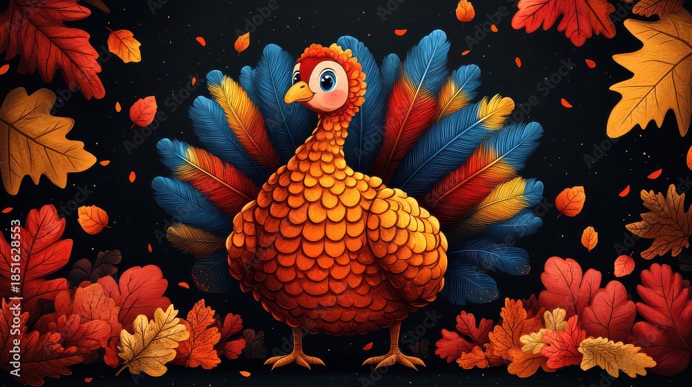 Fototapeta premium Cartoon turkey with colorful feathers surrounded by autumn leaves.