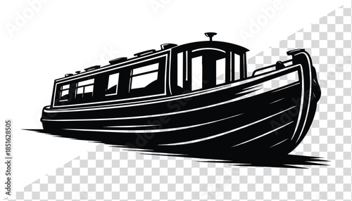 Black and white illustration of a narrowboat canal boat a classic watercraft for leisure and travel isolated on a transparent background
