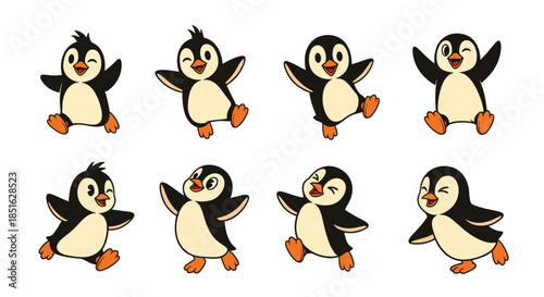 Cute Cartoon Penguins Dancing and Waving in Various Poses.