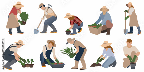 Diverse group of people gardening and tending to plants outdoors