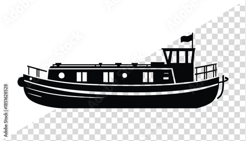 Black silhouette of a narrowboat a classic canal boat illustration for travel and leisure themes isolated on a transparent background