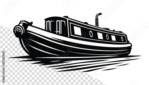 Black and white illustration of a narrowboat canal boat a classic watercraft for leisure travel and transport isolated on a transparent background