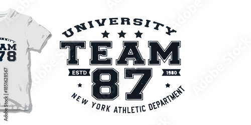 White t shirt design featuring university team graphic with established date