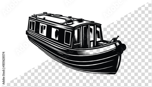 Vintage narrowboat illustration classic canal boat design with P C lettering isolated on transparent background for transport and travel concepts
