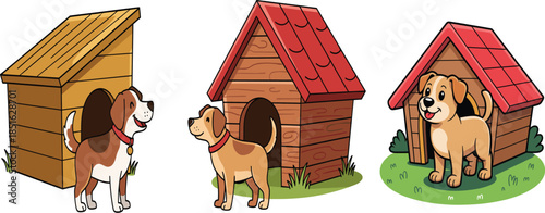 Collection of Cute Cartoon Dogs with Wooden Doghouses Isolated on White Background for Pet Care and Veterinary Services