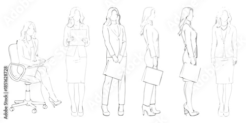 Line art illustration of women in business attire various poses and angles