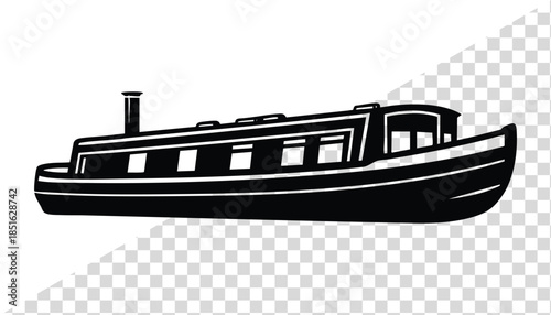Black silhouette of a narrowboat canal boat a classic watercraft for leisure travel and transport isolated on a transparent background