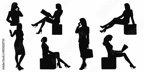 Silhouettes of businesswomen in various poses and professional settings