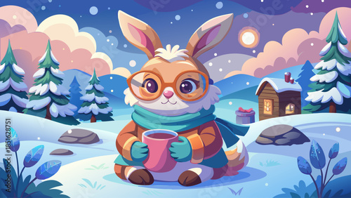 An adorable fluffy rabbit dressed in winter clothing enjoys a cup of hot chocolate with marshmallows while sitting in a snowy scene, wearing round glasses that enhance its cozy winter personality