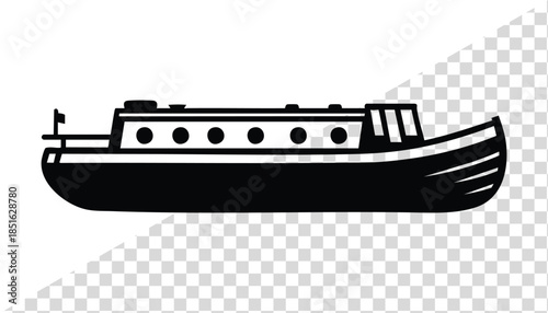 Vintage narrow canal boat silhouette vector Illustration isolated on a white background, Classic Narrowboat Line Art