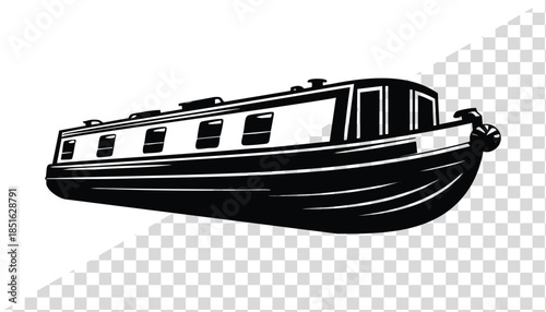 Vintage narrow canal boat silhouette vector Illustration isolated on a white background, Classic Narrowboat Line Art