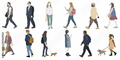 Diverse group of people walking illustrated figures in a simplified style