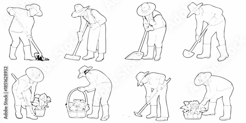 Line art illustration of people gardening and performing various farm tasks