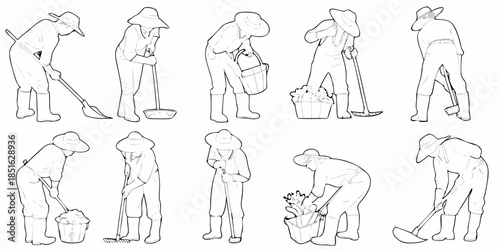 Line art depiction of farmers working in various gardening poses and activities