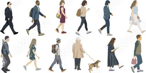 A collection of stylized people walking in a variety of casual attire