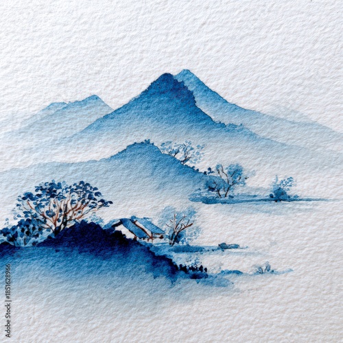 Watercolor landscape showing mountains, trees, and a house under a clear sky in a calm setting