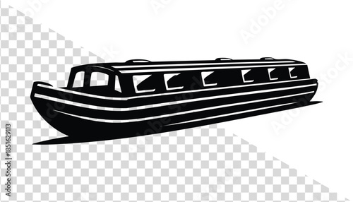 Black narrowboat silhouette a classic canal boat illustration for travel and leisure themes isolated on a transparent background