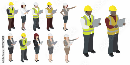 Isometric illustration of construction workers engineers and professionals collaborating on site