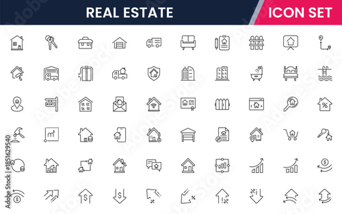Modern vector web line icons depicting real estate, properties, homes, keys, agents, and investments for housing and property management