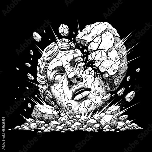 Ancient Statue Head Shattering into Pieces Artistic Representation.