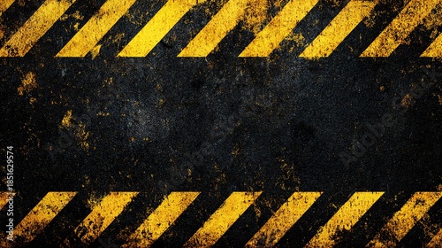Grungy yellow and black hazard stripes on a distressed dark background with central copy space