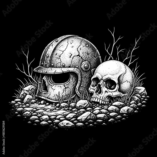 Ancient Knight Helmet and Human Skull on Rocky Ground.