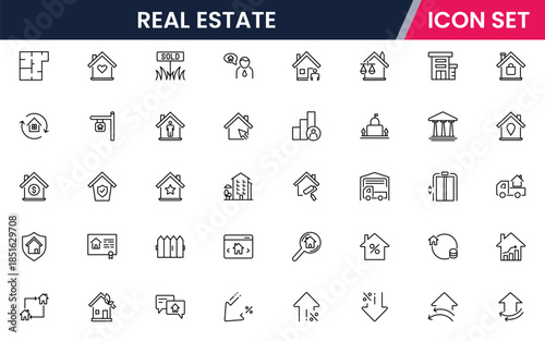 Modern vector web line icons depicting real estate, properties, homes, keys, agents, and investments for housing and property management
