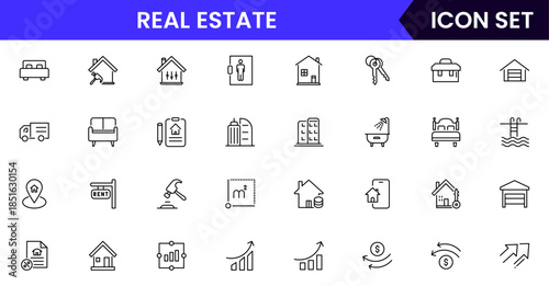 Modern vector web line icons depicting real estate, properties, homes, keys, agents, and investments for housing and property management