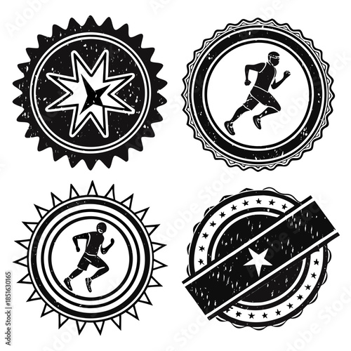 Black and white badges with sport and star designs