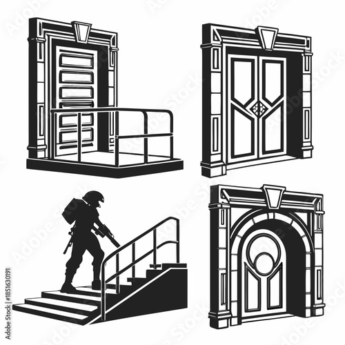 Illustrations of architectural elements and a soldier
