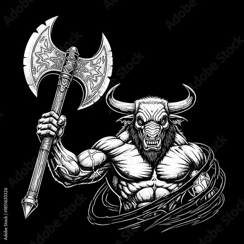 Fierce Minotaur Warrior Holding a Double-Edged Axe.