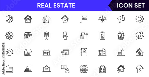 Modern vector web line icons depicting real estate, properties, homes, keys, agents, and investments for housing and property management