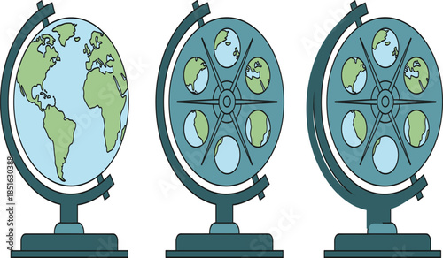 Set of Creative World Globe Illustrations Featuring Map and Rotary Windows for Global Travel and International Education Concepts.