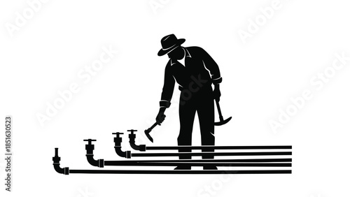 Silhouette of a worker in a hat examining underground pipes and valves with tools