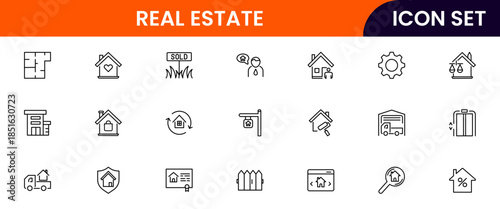 Modern vector web line icons depicting real estate, properties, homes, keys, agents, and investments for housing and property management