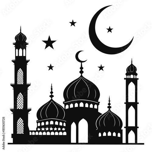 Silhouette of a mosque with celestial elements