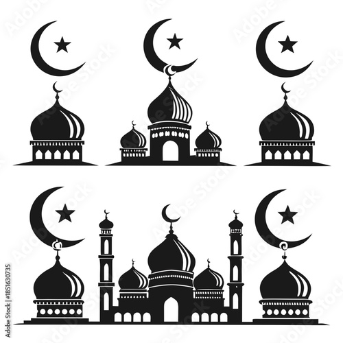 Silhouettes of mosques with crescent moons and stars