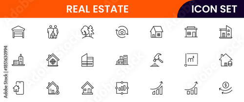 Modern vector web line icons depicting real estate, properties, homes, keys, agents, and investments for housing and property management