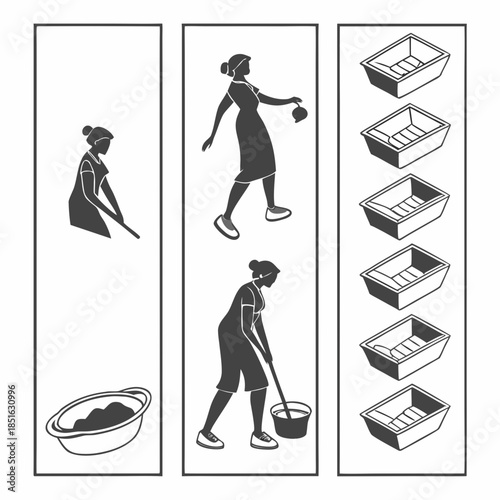 Illustrations of food preparation and cleaning