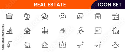 Modern vector web line icons depicting real estate, properties, homes, keys, agents, and investments for housing and property management