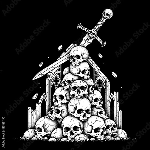 Gothic Skull Pile with Sword and Cathedral Ruins.