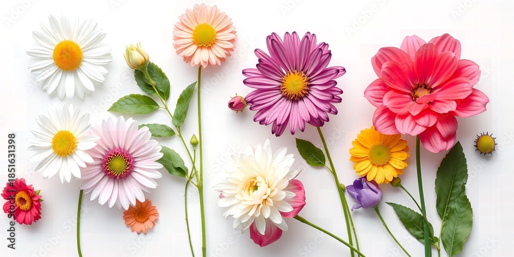 Obraz premium Collection of colorful daisy and dahlia flowers with green leaves against a white background