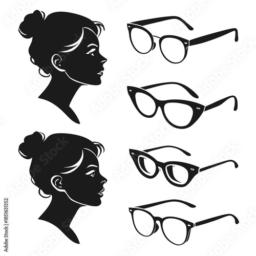 Silhouette of a woman trying on different eyeglasses