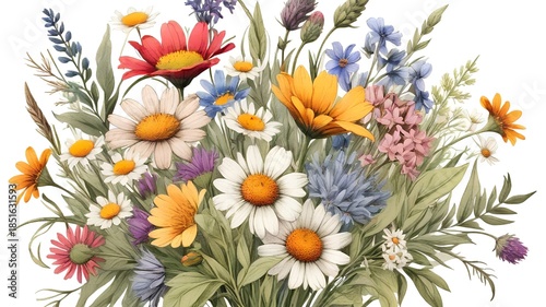 Colorful arrangement of daisies marigolds bluebells and pink wildflowers with green foliage
