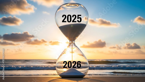 Countdown to new year on serene beach with hourglass