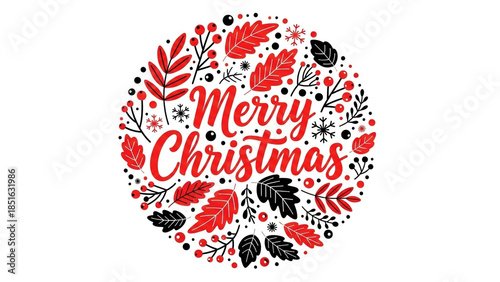 Merry Christmas greeting with festive red and black leaves