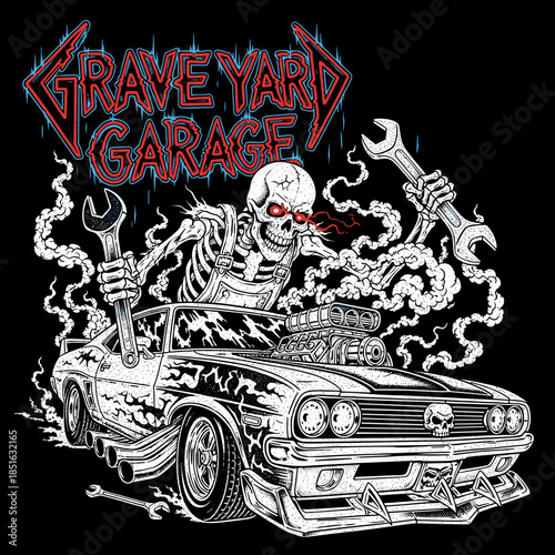 Graveyard Garage Skeleton Mechanic Working on Classic Muscle Car.